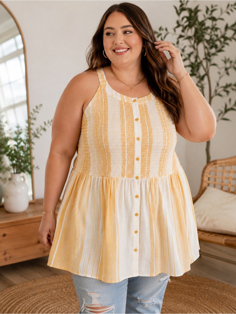 Torrid NWT Smocked Sleeveless Yellow Striped Button Front Babydoll Tunic 3X